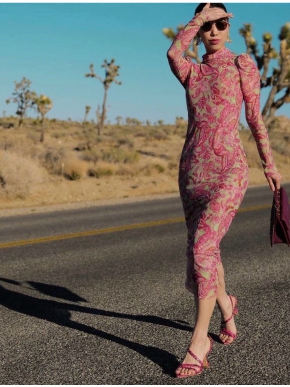 Misa Los Angeles Viviene Pink Paisley Mesh Midi Dress LG‎ Ruched Mock Neck